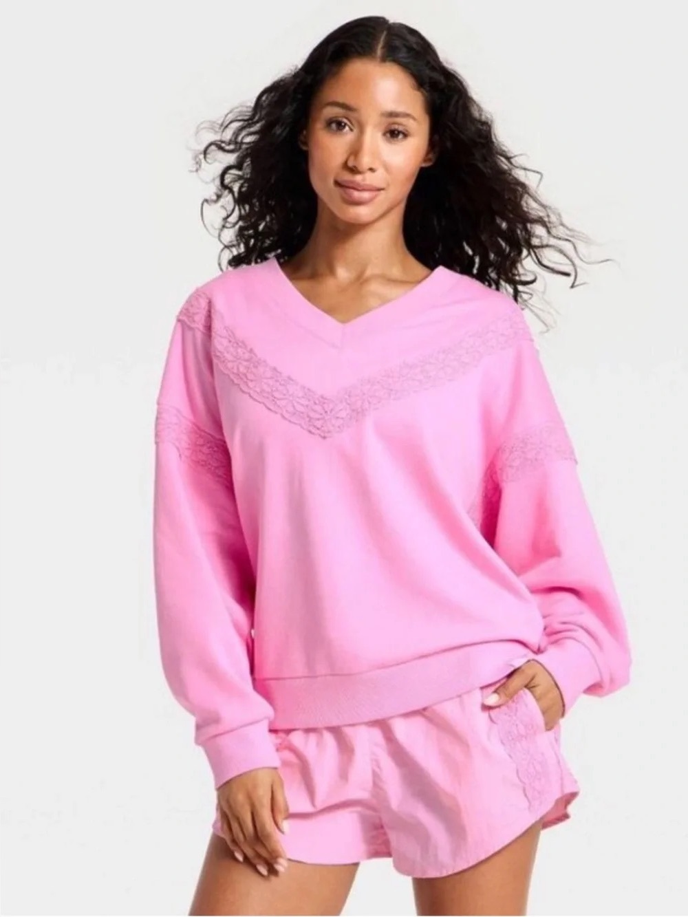 XXL Pink Lace-Trim Loose Fit Women's Sweater JoyLab NWT